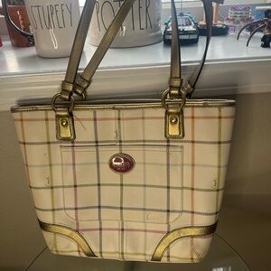 Coach Multicolor Plaid Tote with Gold Accents